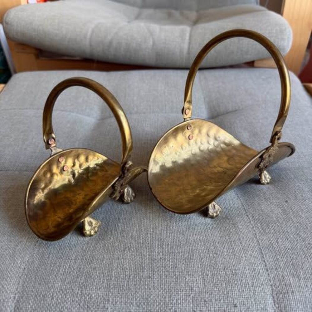 Vintage Miniature Brass Coal Scuttles Pair – Hammered Log Holders with Paw Feet